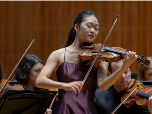 Young woman in purple dress plays violin on stage