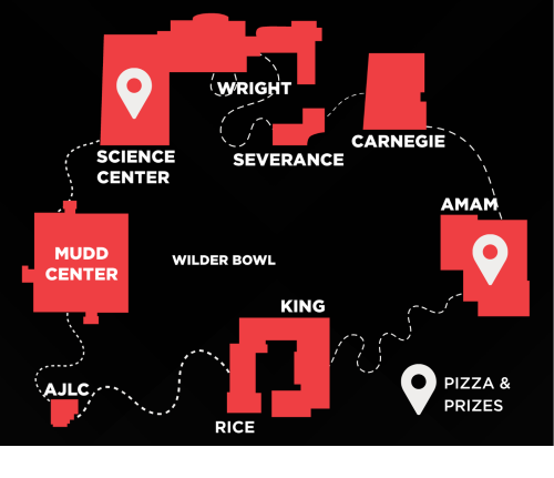 Locations of Lab Crawl stations across campus (Science Center, Wright, Severance, Carnegie, AMAM, King, AJLC, Mudd)