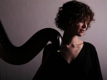 a person in shadow is standing next to a harp