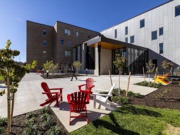 exterior of Woodland Hall on a sunny autumn day.