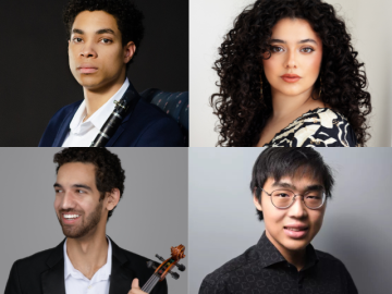 four individuals are shown, a young man holding a clarinet, a young woman, a young man holding a violin, and a young man.
