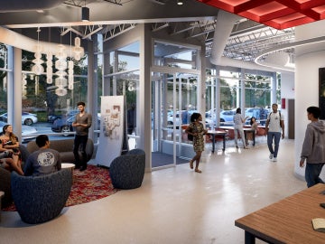 rendering of students socializing and walking through a brightly lit space.