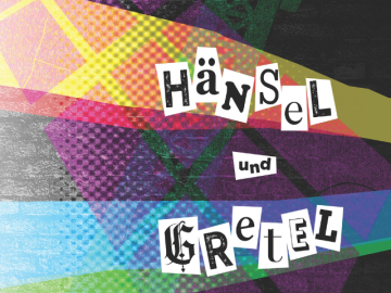 A multi color design with a brick background and the worlds "Hansel und Gretel" in black cut out letters