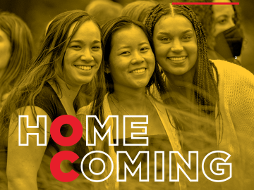 Graphic with image of three people smiling and text that reads "Homecoming, Oberlin College and Conservatory, October 7 through 9, 2022.