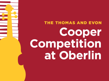 Cooper Competition yellow, red and white graphic with a violin set on a piano keyboard