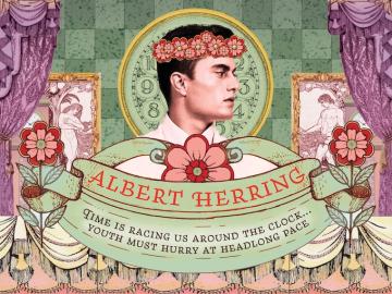graphic created for Albert Herring opera, purple curtains, pink flowers, and green tiles