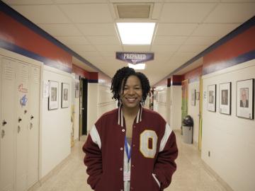 Amethyst Carey stands in the halls of Oberlin High School
