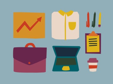 Business tools (briefcase, laptop, etc.) Illustration.