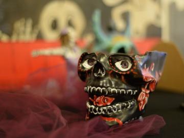 An object crafted into a decorative skull.