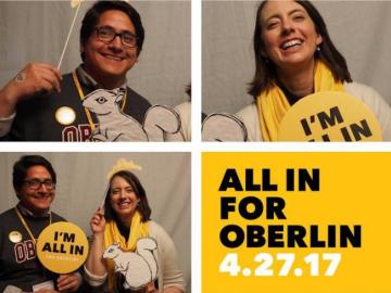 People celebrating with All In for Oberlin gear.