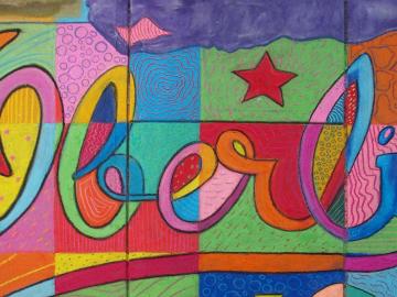 Colorful chalk drawing of the word "Oberlin"