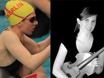 Two photos of Olivia, one in the pool and one with a violin.
