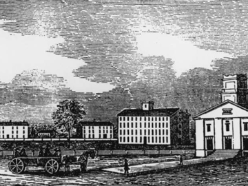 This wood engraving, made in 1846 from a drawing by Henry Howe, depicts West College Street in Oberlin.