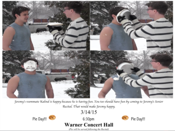 student throwing pie at face of another student.