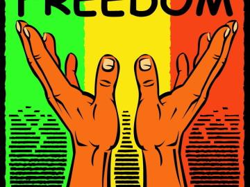 Graphic of hands reaching towards the word "freedom"