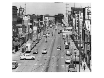 Black and white photograph of downtown Lorain, Ohio, taken in 1964.