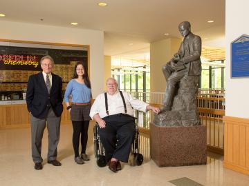 Emeritus Professor of Chemistry Norman Craig, Yihui Chen ’13, and former recipient David Evans ’63 in the Science Center 