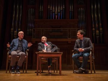 Seated on stage: Daniel Radosh, Marvin Krislov, and Ed Helms