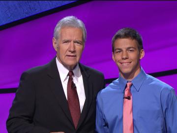 Alex Trebek and Sam Bernhard on the set of Jeopardy.