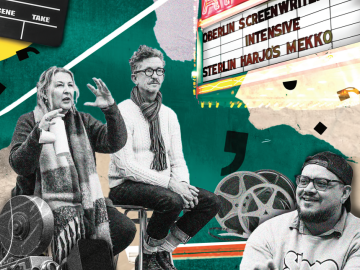 Collage of photos and graphic designs representing the Oberlin Screenwriters Intensive