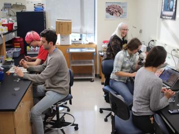 Four students and Prof. Thornton work in the lab.