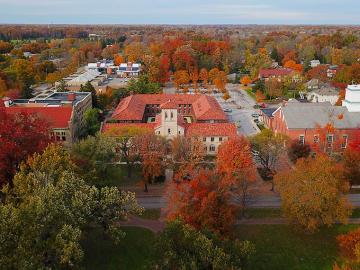 aerial view of Oberlin College campus buildings in autumn