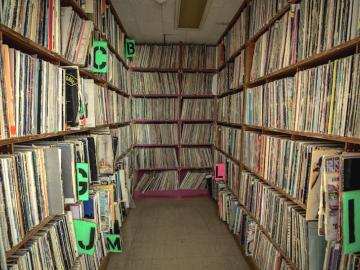 Shelves crammed with LP records