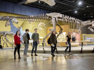 Students walk through a gallery with dinosaur skeletons on exhibit.