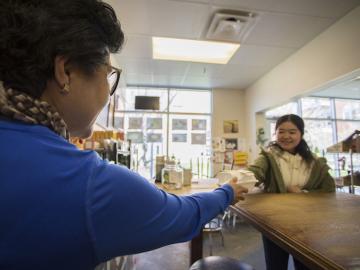 Two women in a restaurant.