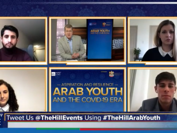Screen capture of an online panel discussion with text that reads Arab Youth and the COVID-19 Era.