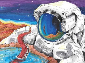 A drawing of a man in a space suite looking into a moon crater with a tentacle sticking out.