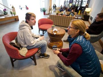 Mother and son talk in Hotel at Oberlin.