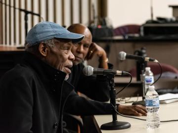 Actor Danny Glover talks to an audience.