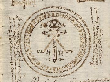 An old manuscript page featuring a circular mystical or alchemical diagram with intricate symbols, letters, and geometric elements. The central design consists of a cross with arrows, surrounded by Latin or esoteric inscriptions.
