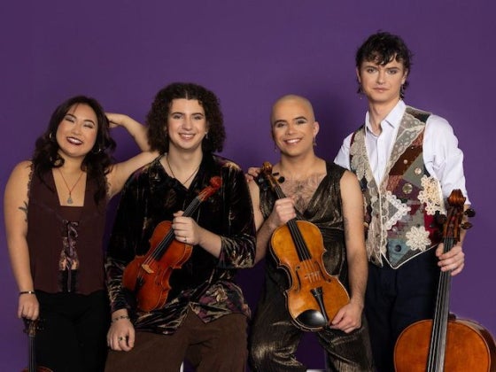 Quartet smiles together with instruments