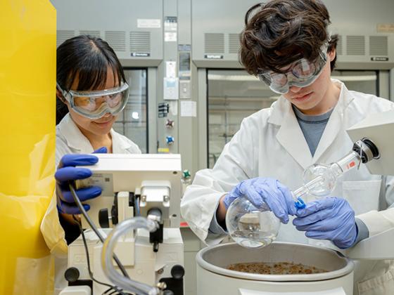Students work in a science lab.