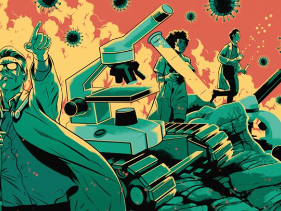 Surrealistic battle scene. A tank is also a microscope, a test tube is a gun, and coronaviruses float in the sky.