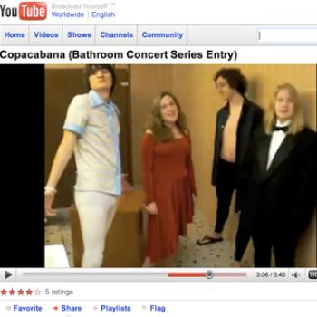 YouTube screenshot with title Copacabana (Bathroom Concert Series Entry),  showing 4 people in a bathroom