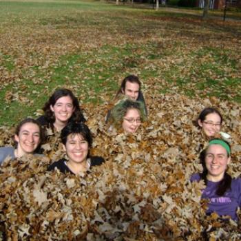 A group of friends playing in a pile of leaves.