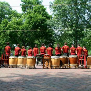 Taiko drummers and drums.