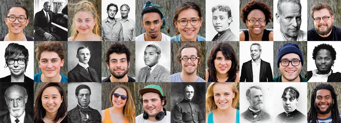 Grid of many faces, including Oberlin students, faculty, and alumni