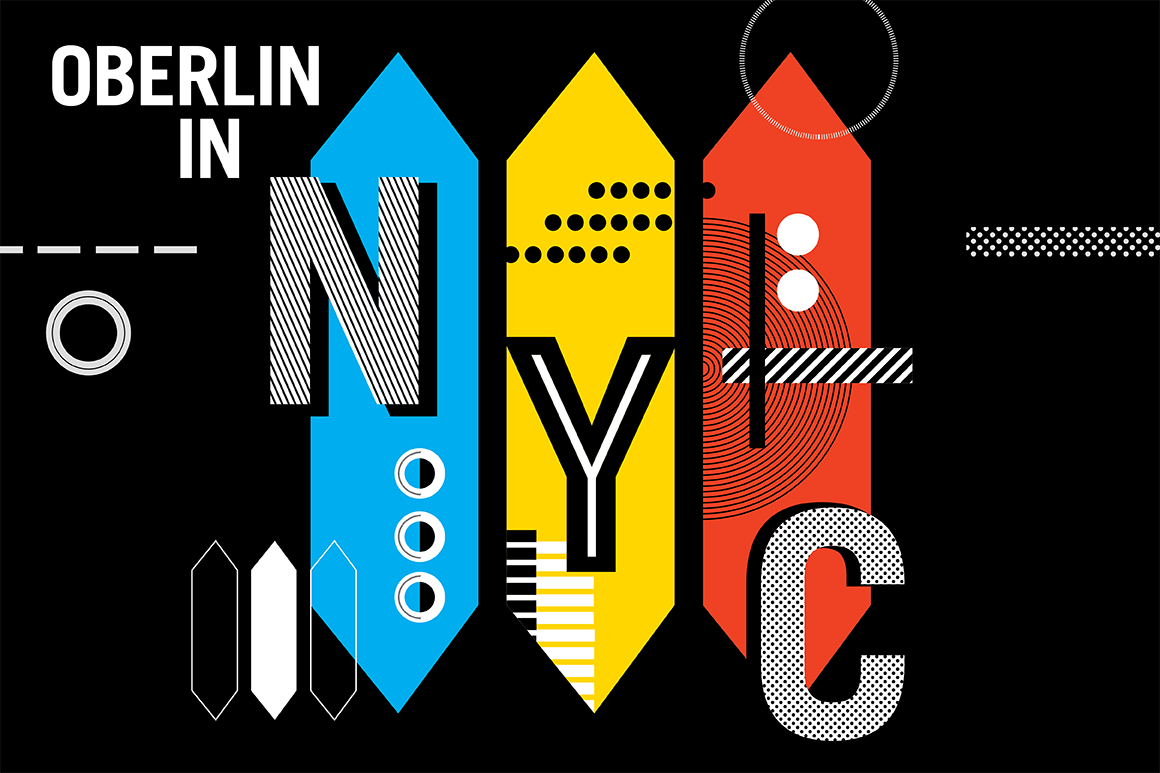 Modern, eclectic graphic depicting Oberlin in NYC