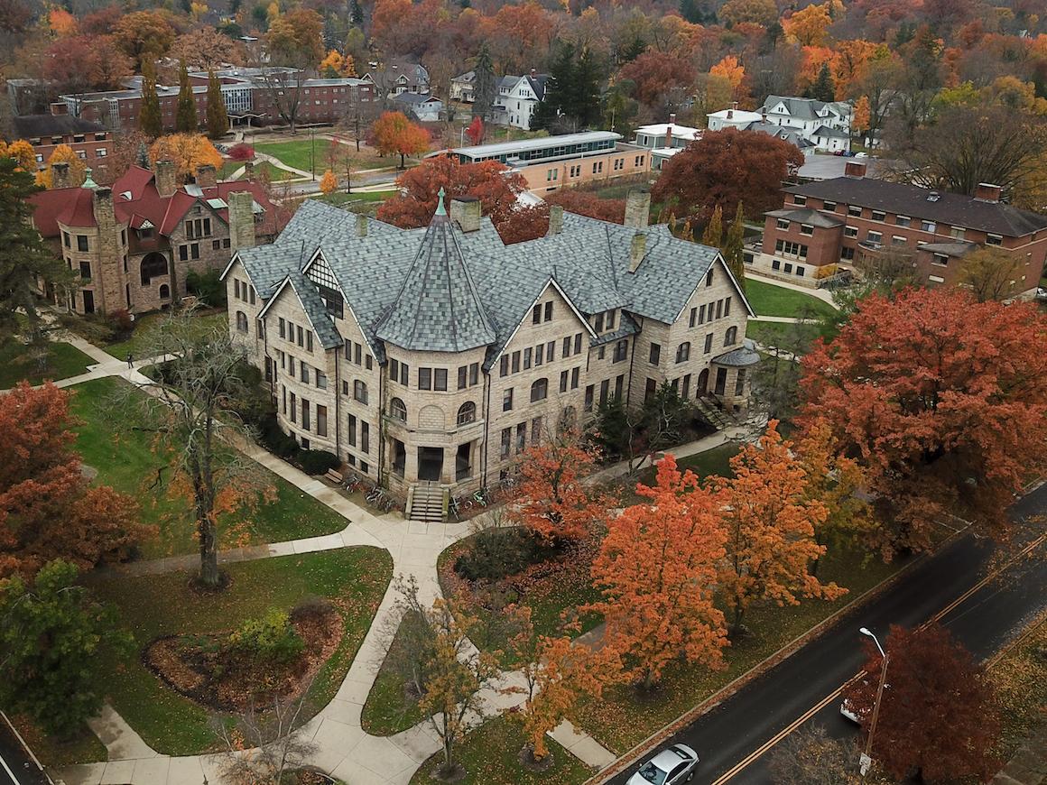 aerial view of talcott hall stone building