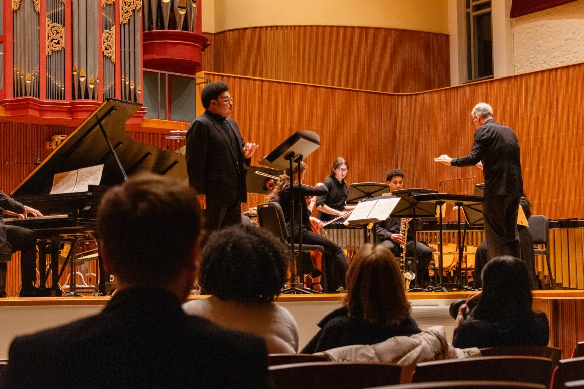 Joshua Blue performing with Oberlin Sinfonietta in Warner Concert Hall.