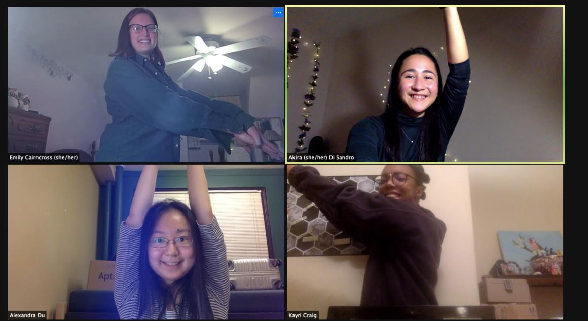 A Zoom screen with 4 participants who are raising their arms at particular angles.