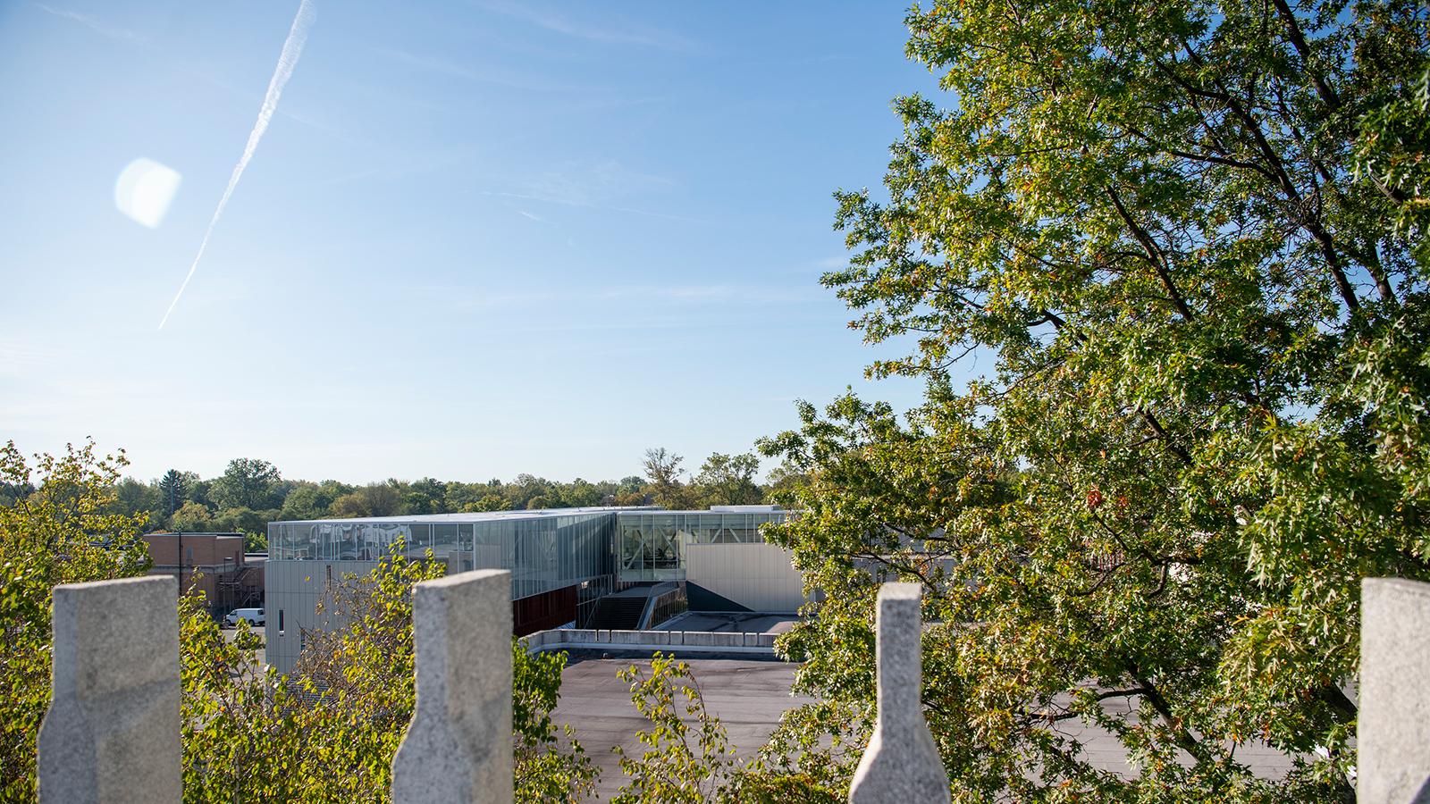 View of the Kohl building from the roof of Bibbins Hall.