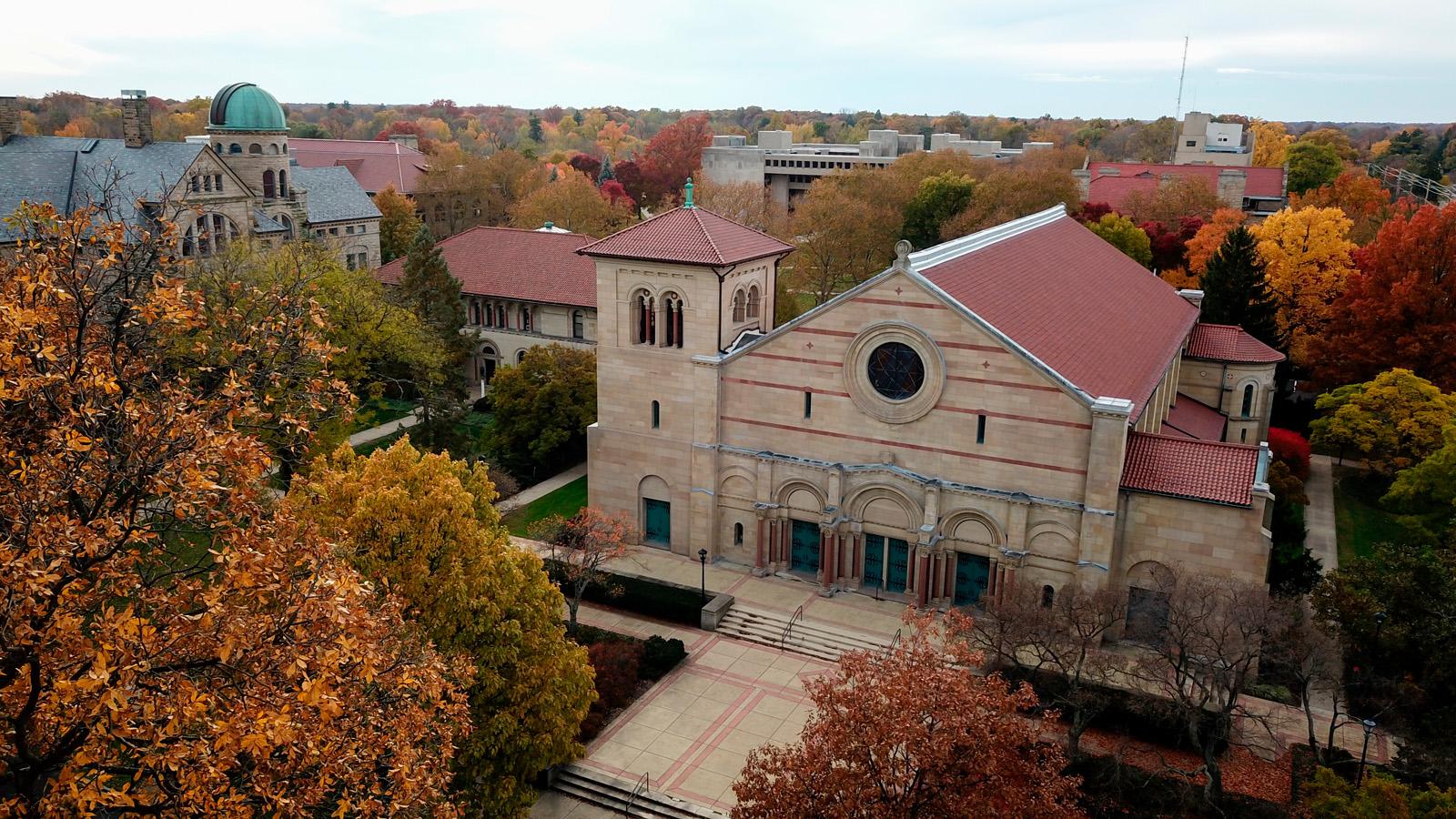 Aerial view of Finney Chapel with fall foliage.