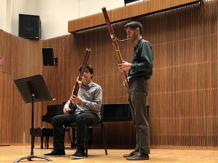 Drew Pattison coaches a bassoon student in studio class in Kulas Recital Hall.