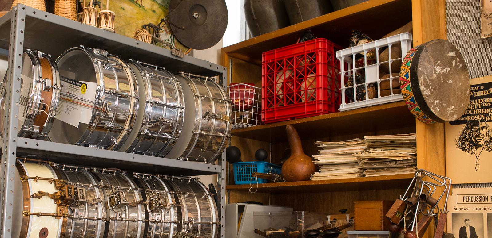Part of the collection of percussion instruments in the percussion studio.