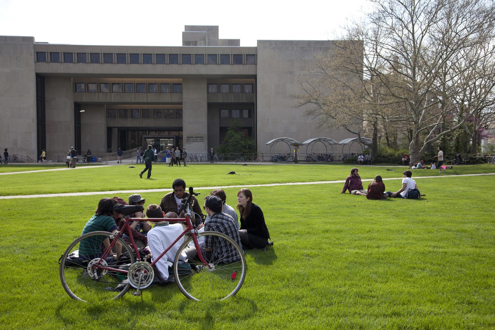 Students in the grass outside the library.